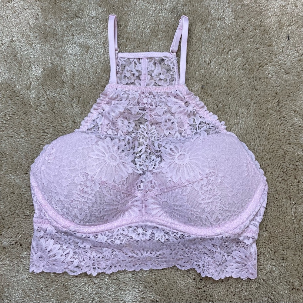 Light Baby Pink Floral Flower Lace Halter Tank Bralette Bra | VS PINK